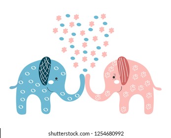 Two cute boy and girl elephants kiss with abstract heart. Stylized love pattern with pink flower and blue drop. Beautiful baby graphic textile print