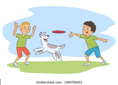 Two cute boys and dog playing with flying disc. Friends throwing plastic plate each other. Puppy trying catch device. Natural landscape. Summer active time. Happy childhood. Vector flat illustration