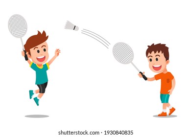 two cute boys playing badminton happily

