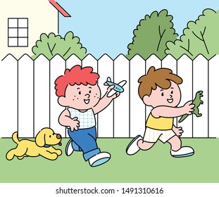 Two cute boys are playing together in the yard. hand drawn style vector design illustrations. 