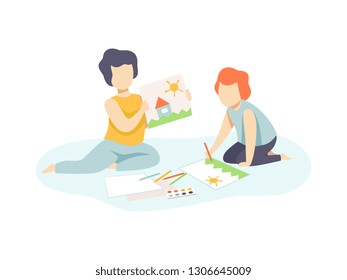 Two Cute Boys Sitting on Floor and Drawing, Kids Creativity, Education, Development Vector Illustration