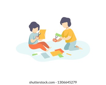 Two Cute Boys Sitting on Floor and Cutting Application Details, Kids Creativity, Education, Development Vector Illustration