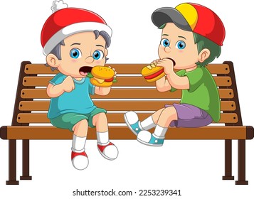 Two cute boys sitting on park chairs enjoying burgers of illustration