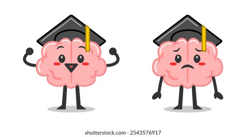 Dos lindas mascotas cerebrales con gorra de graduación. Educativa divertida mascota cerebral de graduación estudiantil.