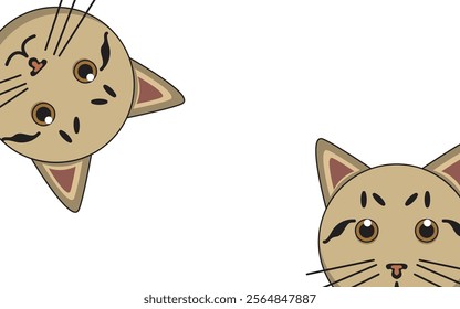 Two cute brown cat faces with expressive features, one upside down, on a white background. Minimalist cartoon illustration perfect for fun designs.