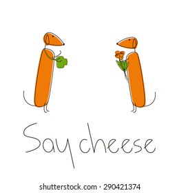 Two cute brown contoured foxy colored dachshunds. One with camera, another with bouquet of flowers with lettering Say cheese under them isolated on white background. Traveling concept, design element