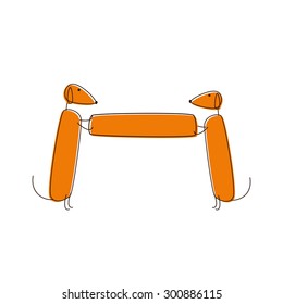 Two cute brown contoured foxy colored dachshunds holding banner