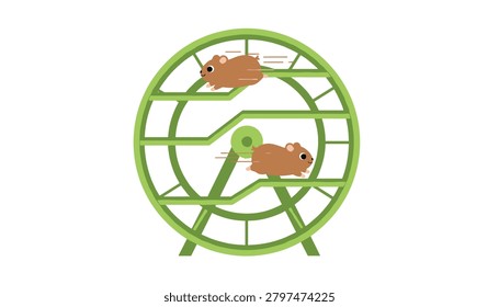 Two cute brown hamsters run actively inside a green exercise wheel, illustrating energy, teamwork, and the constant hustle of daily life.