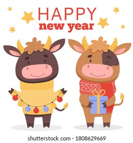 Two cute bulls with gifts and a Christmas garland. New Year and Christmas design. Greeting card.Symbol of 2021.Vector flat illustration in cartoon style.