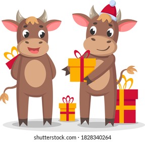 Two cute bulls give each other gifts