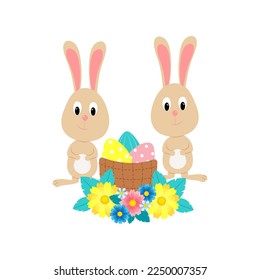 Two cute bunnies and basket with eggs decorated with flowers Easter card, Vector greeting card for Easter