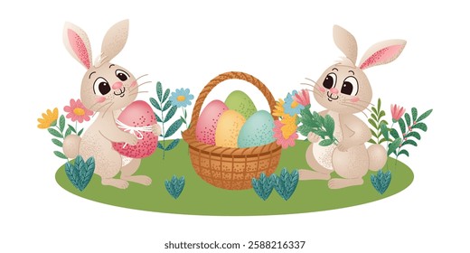 Two cute bunnies celebrating easter, holding a decorated egg and a bouquet of spring flowers, with a basket full of colorful eggs.