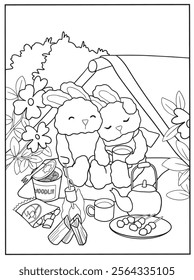 Two cute bunnies enjoying a picnic with noodles, tea, and snacks in front of a tent surrounded by flowers.