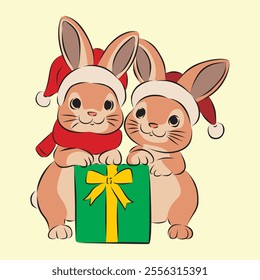 Two cute bunnies in festive outfits stand by a giant, gift-wrapped box, radiating holiday cheer.