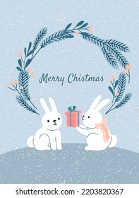 Two cute bunnies with a gift box and a wreath. Christmas greeting card, banner or print.