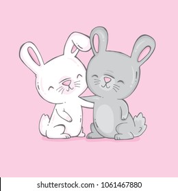 Two cute bunnies hugging. Perfect for a Valentines or Friendship card. Vector illustration.