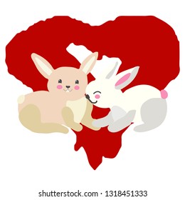 Two cute bunnies with red heart. Romantic symbol. Vector illustration on white background. 