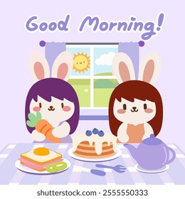 Two cute bunnies sharing a cheerful morning breakfast scene. A kawaii style illustration of two adorable bunny friends enjoying a delightful breakfast with pancakes, tea, and sunny morning vibes.