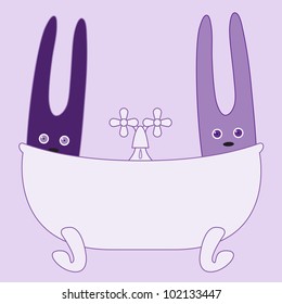 Two cute bunnies sitting in bath with water dripping from tap