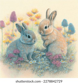 Two cute bunnies sitting on a spring flower field.Crayon drawing
