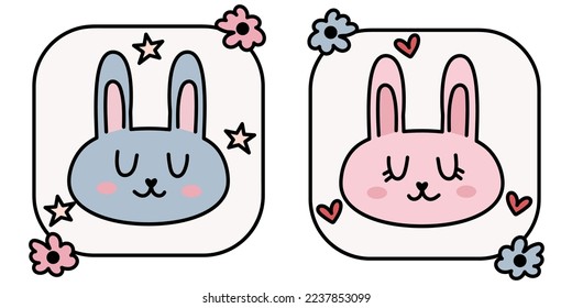 Two cute bunnies vector illustration on white background. Kawaii rabbits in frames with flowers. Easter cartoon bunnies boy and girl. Print