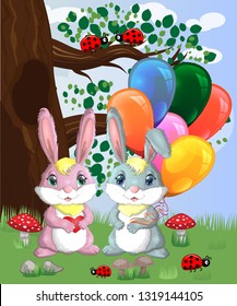 Two cute bunny with balls in a forest glade. Boy and girl, concept spring, love, postcard