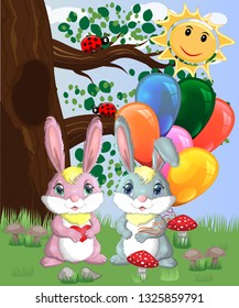 Two cute bunny with balls in a forest glade. Boy and girl, concept spring, love, postcard