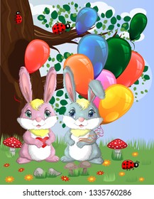 Two cute bunny with balls in a forest glade. Boy and girl, concept spring, love, postcard