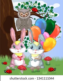 Two cute bunny with balls in a forest glade. Boy and girl, concept spring, love, postcard