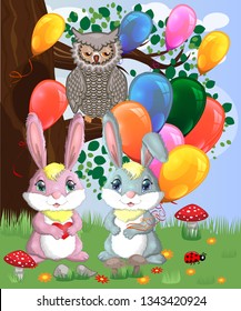 Two cute bunny with balls in a forest glade. Boy and girl, concept spring, love, postcard