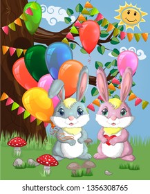 Two cute bunny with balls in a forest glade. Boy and girl, concept spring, love, postcard