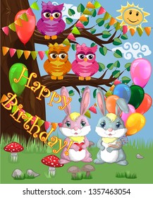 Two cute bunny with balls in a forest glade. Boy and girl, concept spring, love, postcard