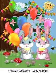 Two cute bunny with balls in a forest glade. Boy and girl, concept spring, love, postcard