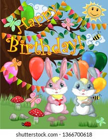 Two cute bunny with balls in a forest glade. Boy and girl, concept spring, love, postcard