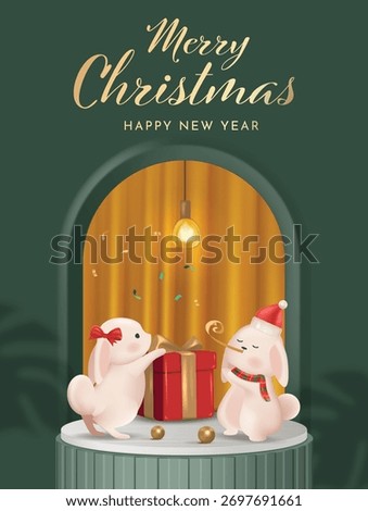 Two cute bunny exchanging gifts inside glowing Christmas arch with warm festive lights and joy. Christmas Banner Design Vector Illustration 