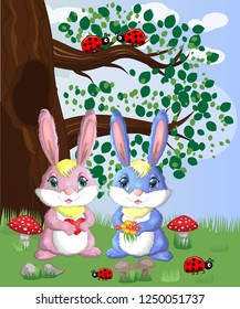 Two cute bunny in a forest glade. Boy and girl, concept spring, love, postcard