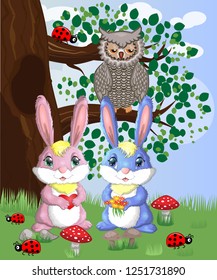 Two cute bunny in a forest glade. Boy and girl, concept spring, love, postcard