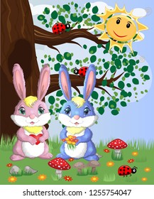 Two cute bunny in a forest glade. Boy and girl, concept spring, love, postcard