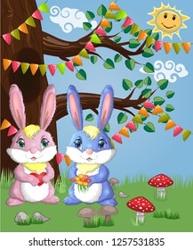 Two cute bunny in a forest glade. Boy and girl, concept spring, love, postcard