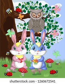 Two cute bunny in a forest glade. Boy and girl, concept spring, love, postcard