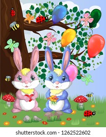 Two cute bunny in a forest glade. Boy and girl, concept spring, love, postcard