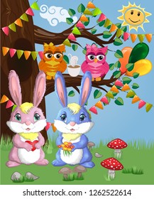 Two cute bunny in a forest glade. Boy and girl, concept spring, love, postcard