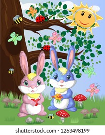 Two cute bunny in a forest glade. Boy and girl, concept spring, love, postcard