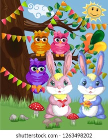 Two cute bunny in a forest glade. Boy and girl, concept spring, love, postcard
