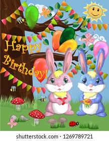 Two cute bunny in a forest glade. Boy and girl, concept spring, love, postcard