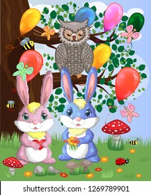 Two cute bunny in a forest glade. Boy and girl, concept spring, love, postcard