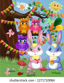 Two cute bunny in a forest glade. Boy and girl, concept spring, love, postcard