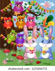 Two cute bunny in a forest glade. Boy and girl, concept spring, love, postcard