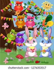 Two cute bunny in a forest glade. Boy and girl, concept spring, love, postcard