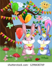 Two cute bunny in a forest glade. Boy and girl, concept spring, love, postcard